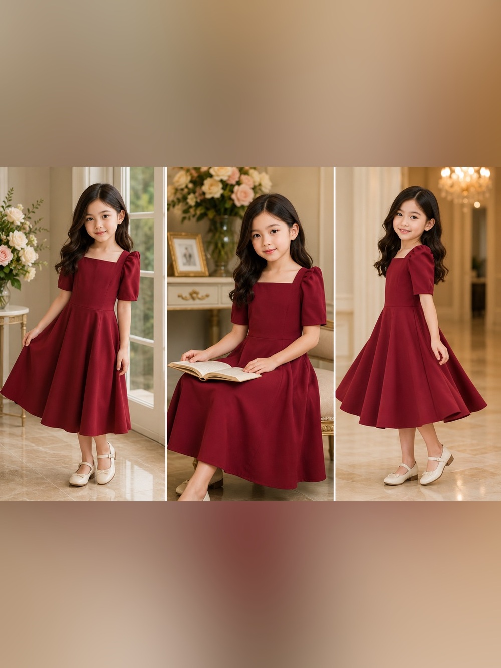 Elegant Burgundy L Filipiniana Dress for 4 to 5 year old Girl puffed sleeves